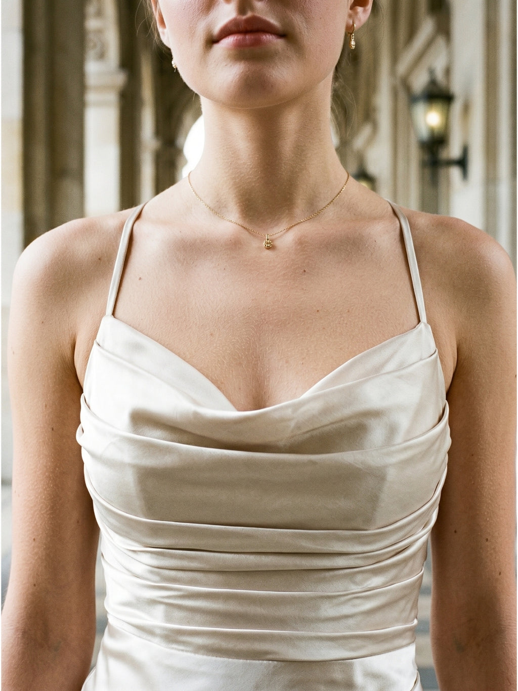 Ivory Satin Sheath Cowl Neck Back Zip Floor-Length Bridesmaid Dress with Pleated Skirt