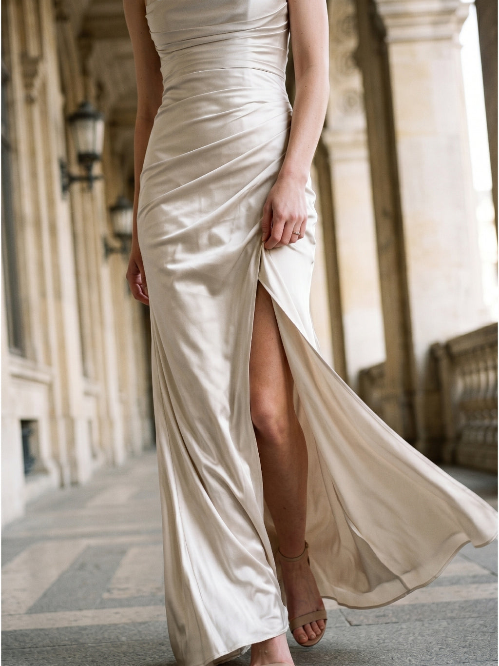 Ivory Satin Sheath Cowl Neck Back Zip Floor-Length Bridesmaid Dress with Pleated Skirt