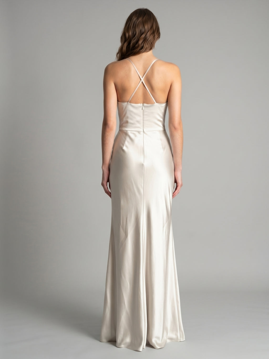 Ivory Satin Sheath Cowl Neck Back Zip Floor-Length Bridesmaid Dress with Pleated Skirt