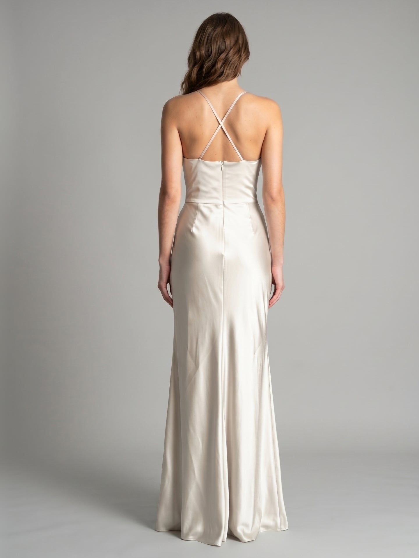 Ivory Satin Sheath Cowl Neck Back Zip Floor-Length Bridesmaid Dress with Pleated Skirt