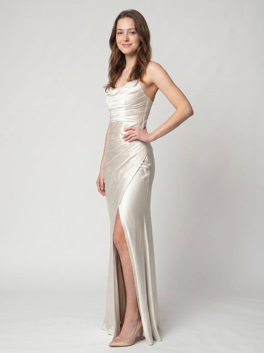 Ivory Satin Sheath Cowl Neck Back Zip Floor-Length Bridesmaid Dress with Pleated Skirt