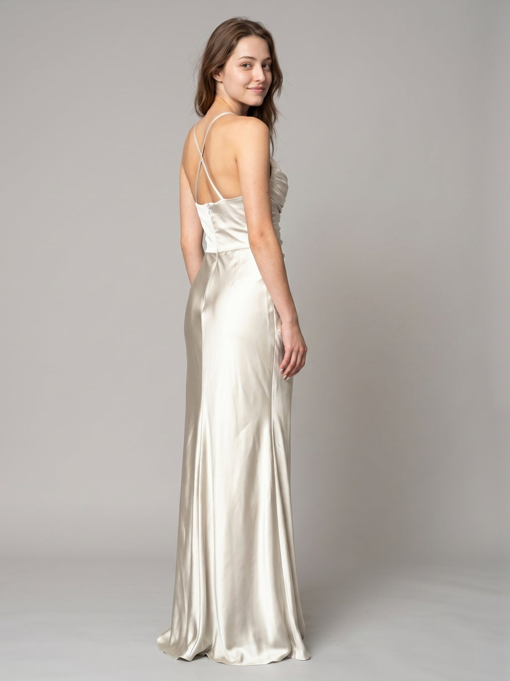 Ivory Satin Sheath Cowl Neck Back Zip Floor-Length Bridesmaid Dress with Pleated Skirt
