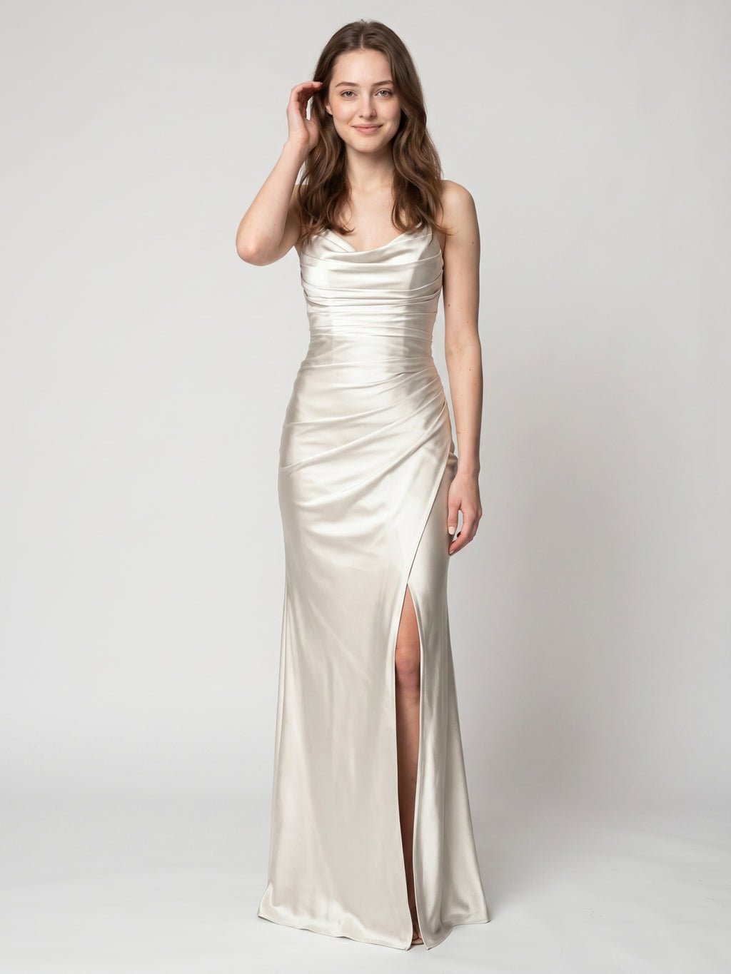 Ivory Satin Sheath Cowl Neck Back Zip Floor-Length Bridesmaid Dress with Pleated Skirt