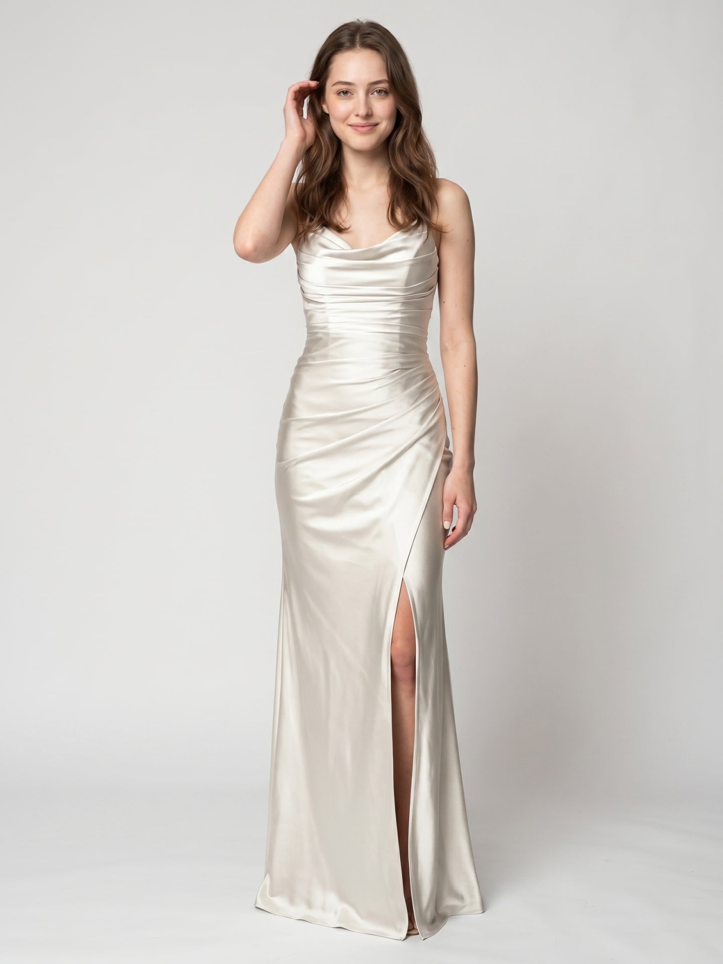 Ivory Satin Sheath Cowl Neck Back Zip Floor-Length Bridesmaid Dress with Pleated Skirt