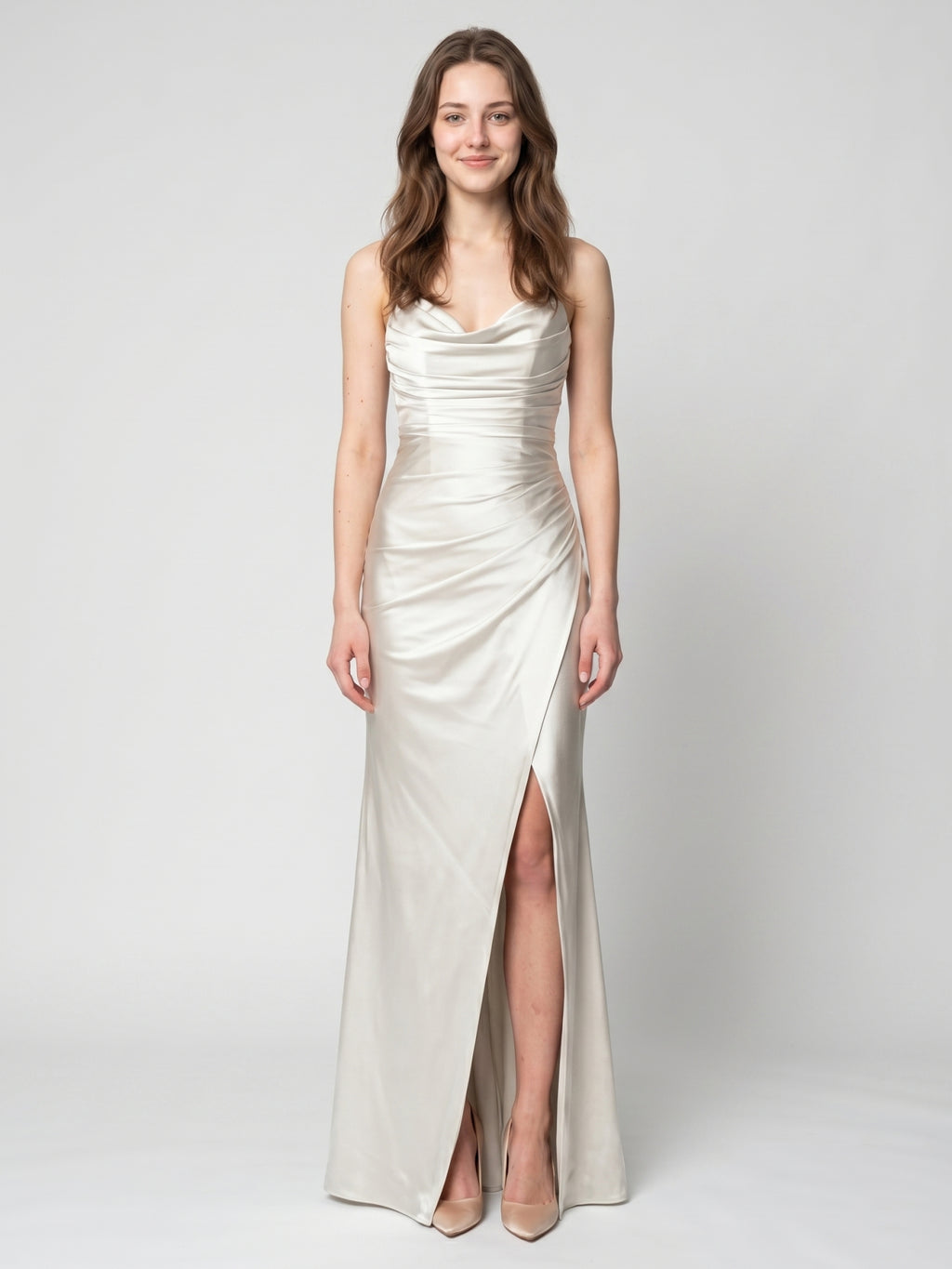 Ivory Satin Sheath Cowl Neck Back Zip Floor-Length Bridesmaid Dress with Pleated Skirt