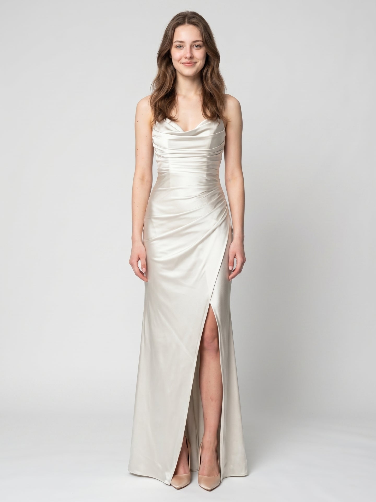 Ivory Satin Sheath Cowl Neck Back Zip Floor-Length Bridesmaid Dress with Pleated Skirt