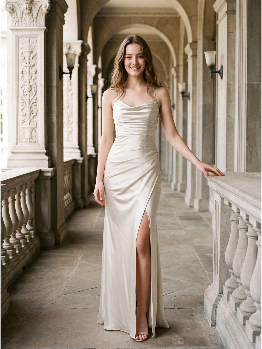 Ivory Satin Sheath Cowl Neck Back Zip Floor-Length Bridesmaid Dress with Pleated Skirt