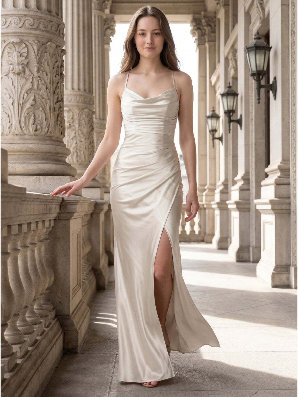 Ivory Satin Sheath Cowl Neck Back Zip Floor-Length Bridesmaid Dress with Pleated Skirt