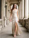 Ivory Satin Sheath Cowl Neck Back Zip Floor-Length Bridesmaid Dress with Pleated Skirt