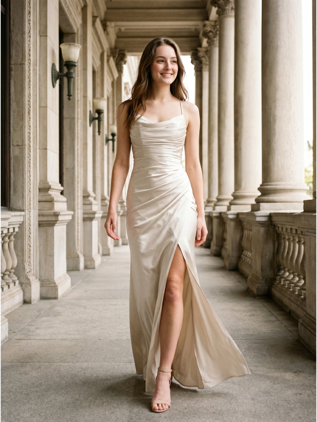 Ivory Satin Sheath Cowl Neck Back Zip Floor-Length Bridesmaid Dress with Pleated Skirt