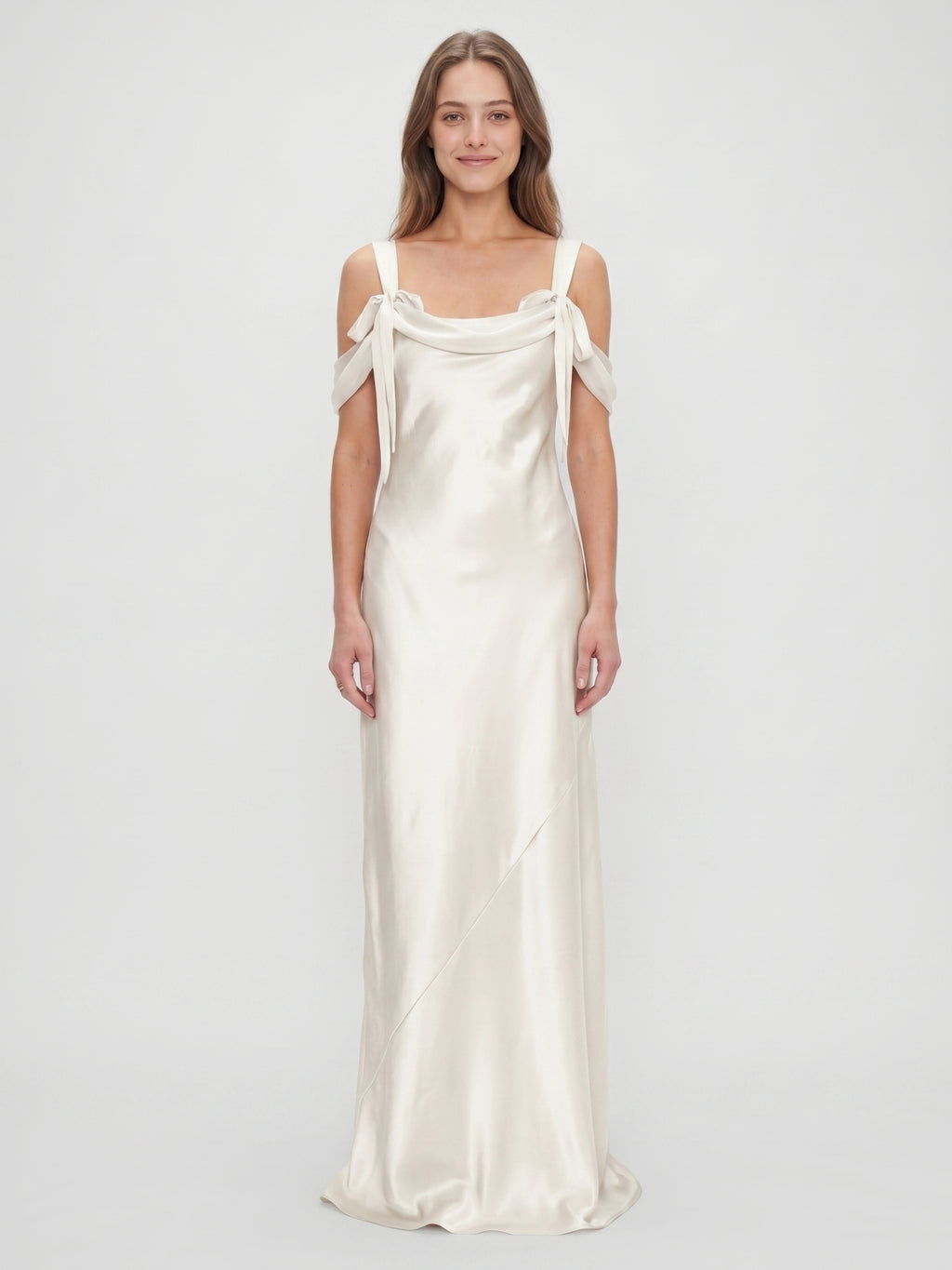 Ivory Satin Sheath Cowl Neck Backless Floor-Length Bridesmaid Dress