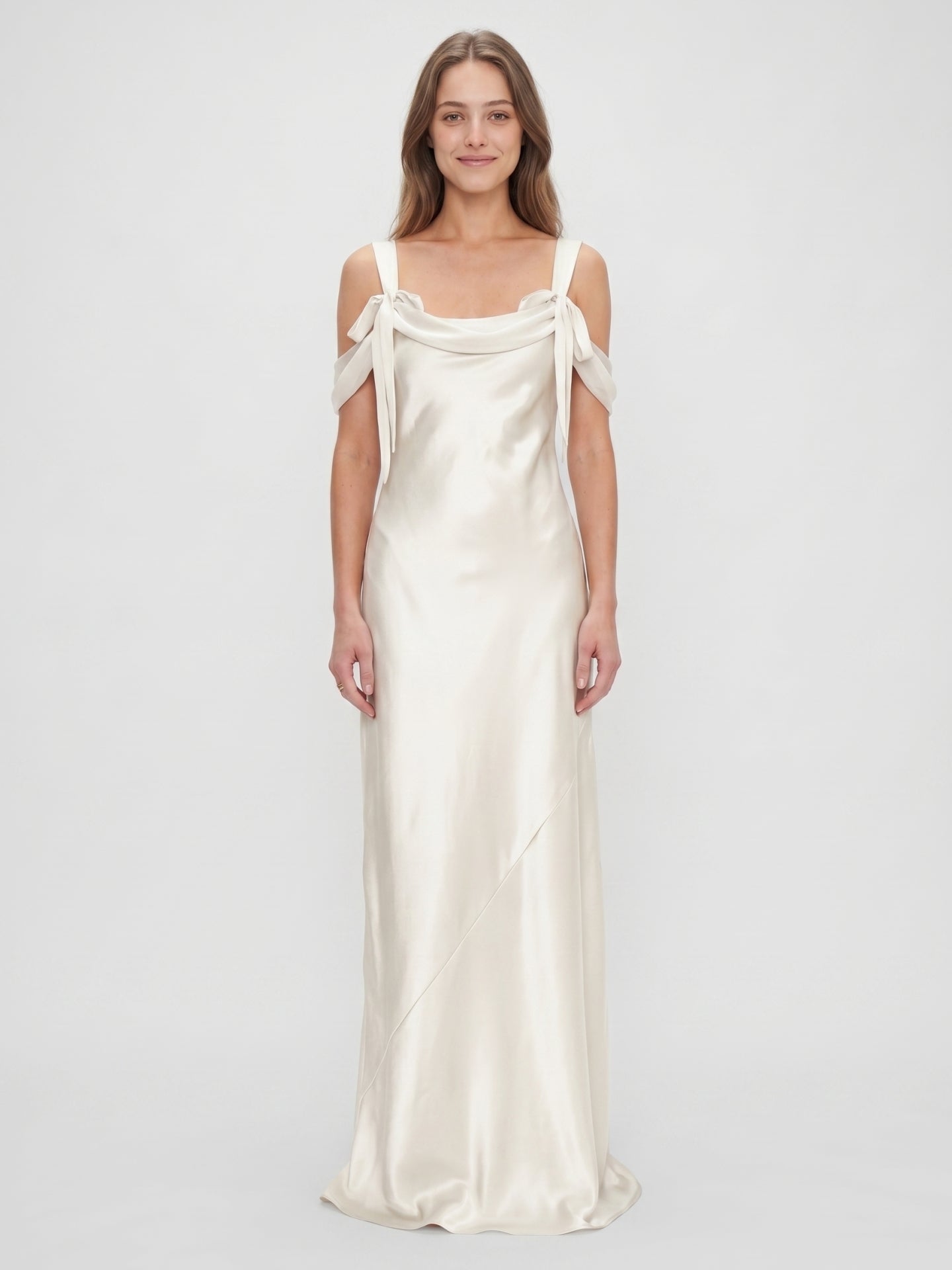 Ivory Satin Sheath Cowl Neck Backless Floor-Length Bridesmaid Dress