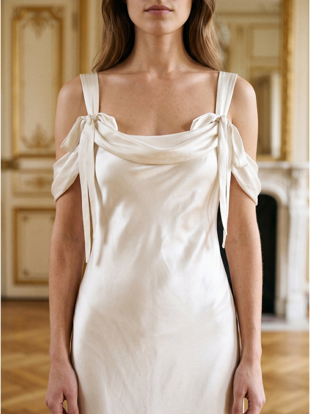 Ivory Satin Sheath Cowl Neck Backless Floor-Length Bridesmaid Dress