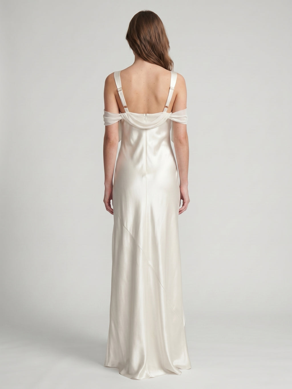 Ivory Satin Sheath Cowl Neck Backless Floor-Length Bridesmaid Dress