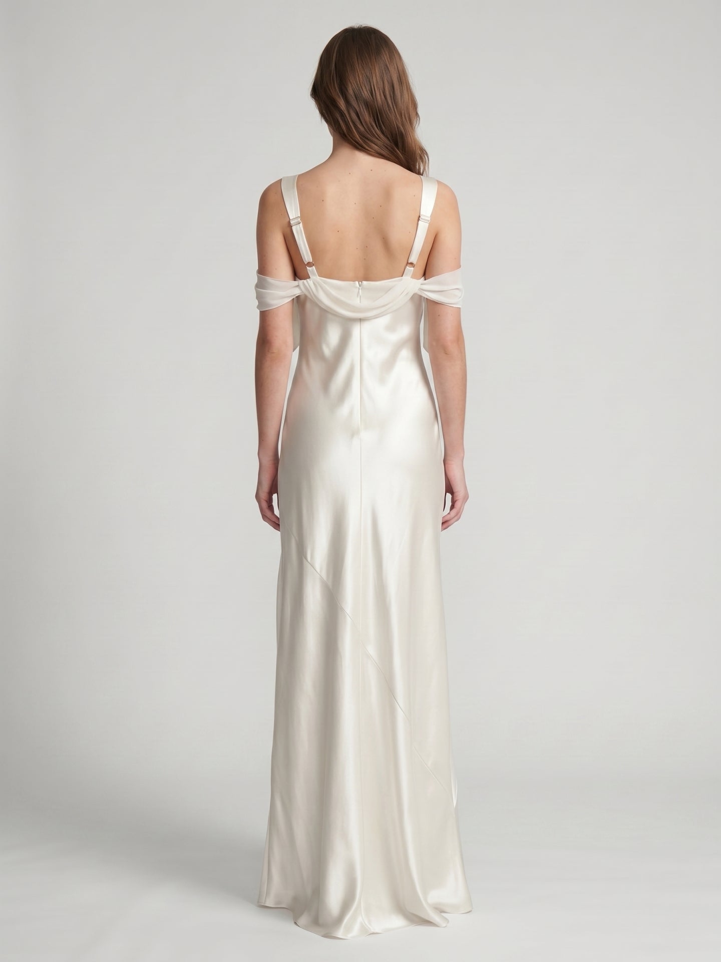 Ivory Satin Sheath Cowl Neck Backless Floor-Length Bridesmaid Dress