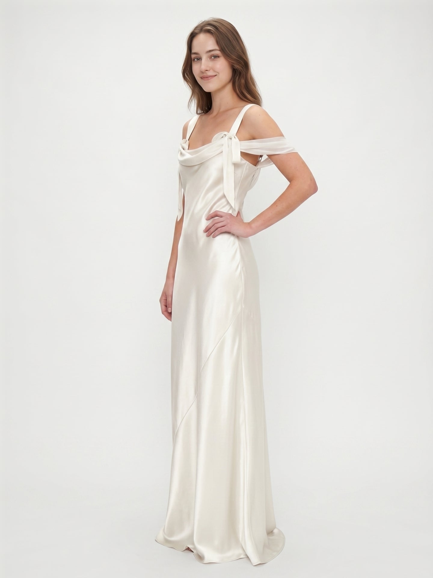 Ivory Satin Sheath Cowl Neck Backless Floor-Length Bridesmaid Dress