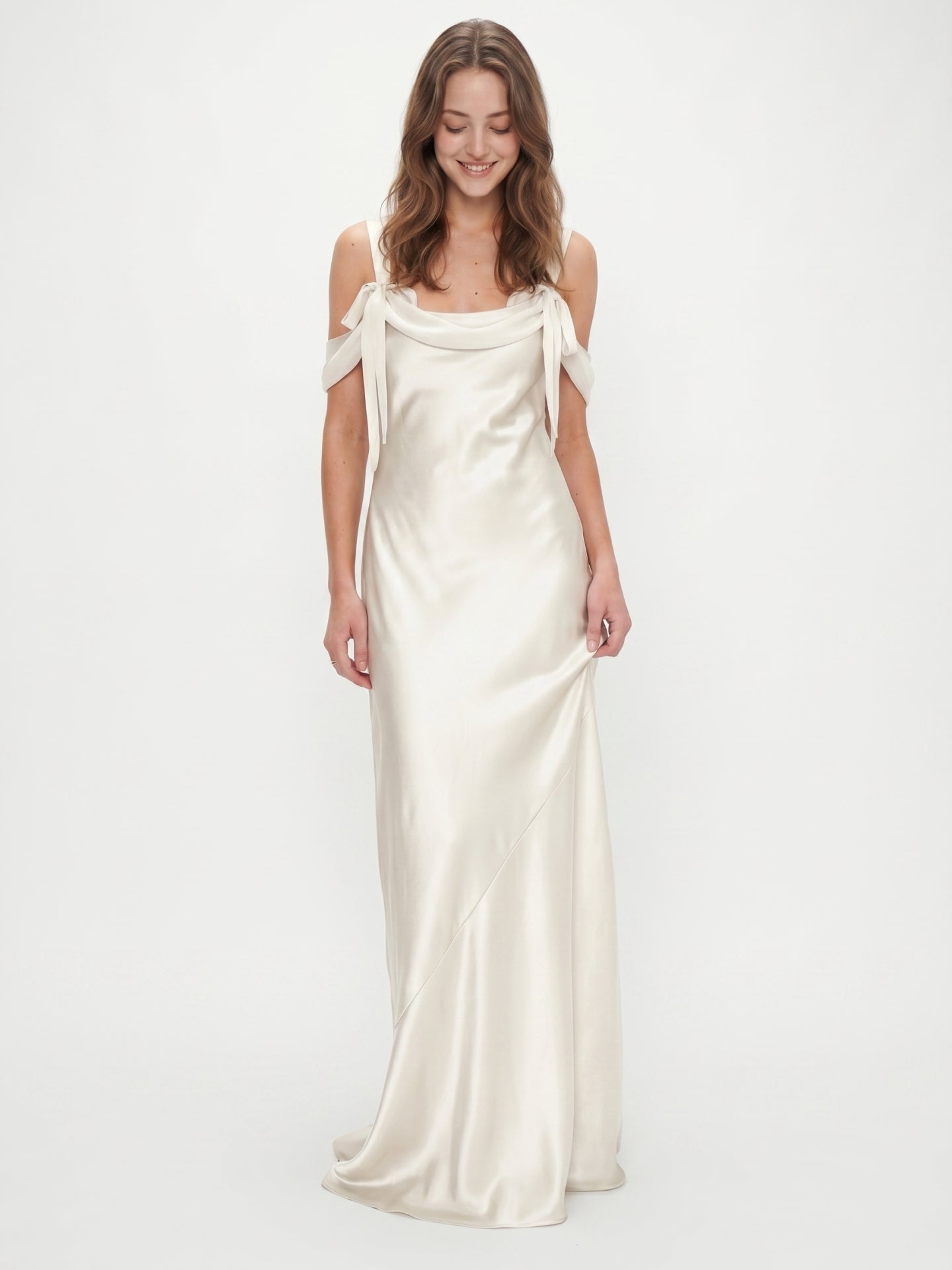 Ivory Satin Sheath Cowl Neck Backless Floor-Length Bridesmaid Dress