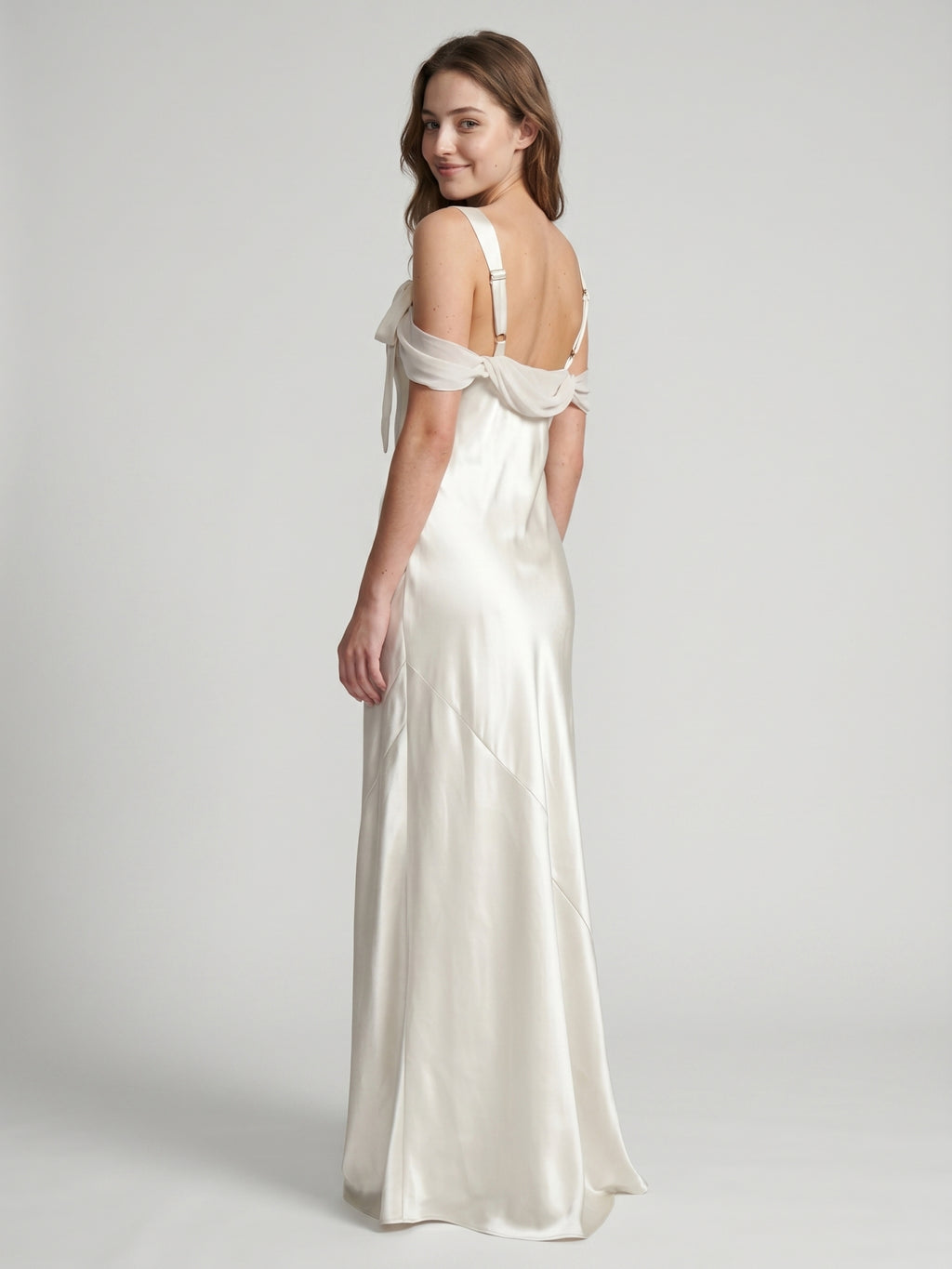 Ivory Satin Sheath Cowl Neck Backless Floor-Length Bridesmaid Dress