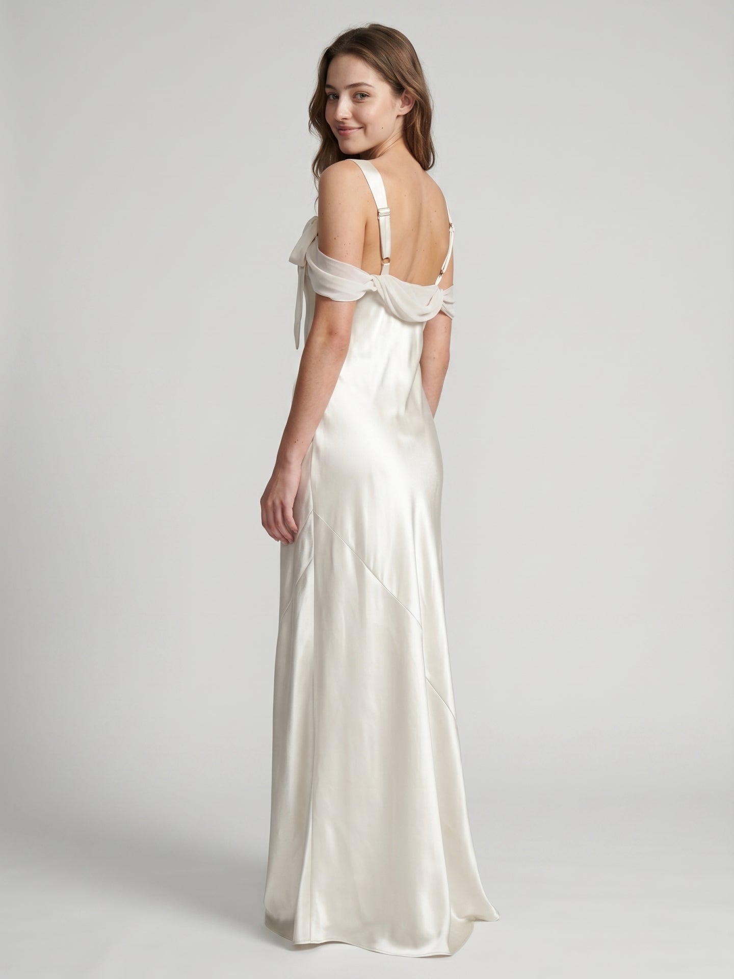 Ivory Satin Sheath Cowl Neck Backless Floor-Length Bridesmaid Dress