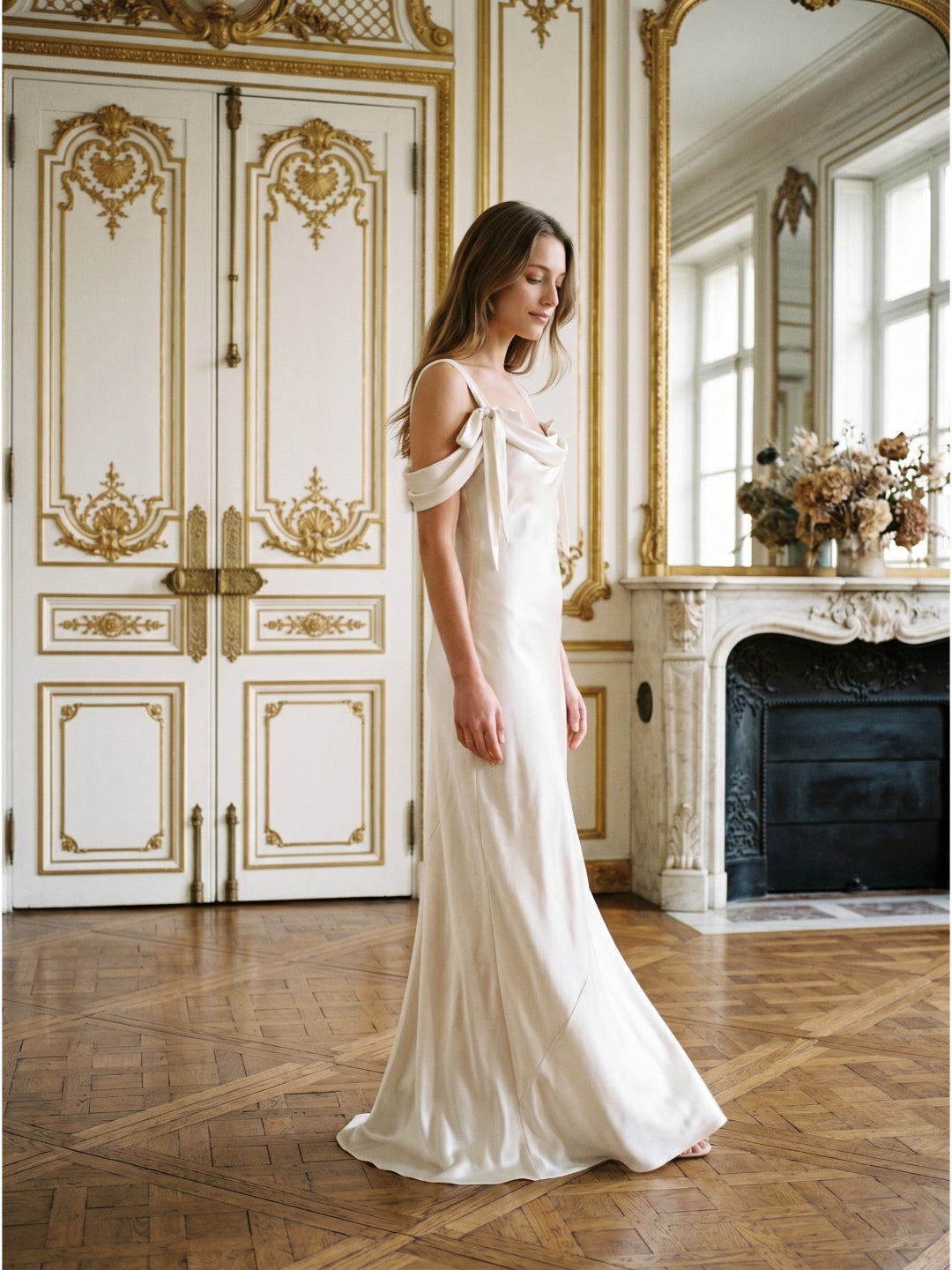 Ivory Satin Sheath Cowl Neck Backless Floor-Length Bridesmaid Dress
