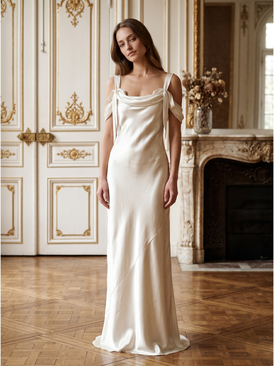 Ivory Satin Sheath Cowl Neck Backless Floor-Length Bridesmaid Dress