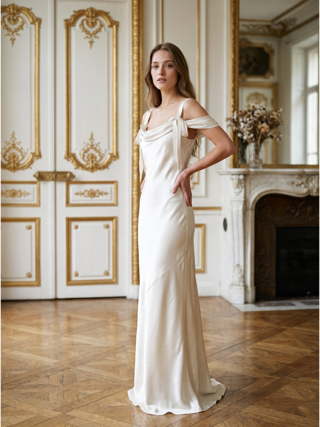 Ivory Satin Sheath Cowl Neck Backless Floor-Length Bridesmaid Dress