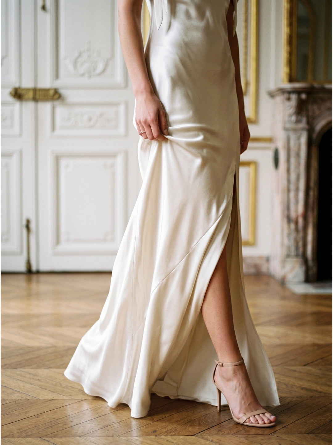 Ivory Satin Sheath Cowl Neck Backless Floor-Length Bridesmaid Dress