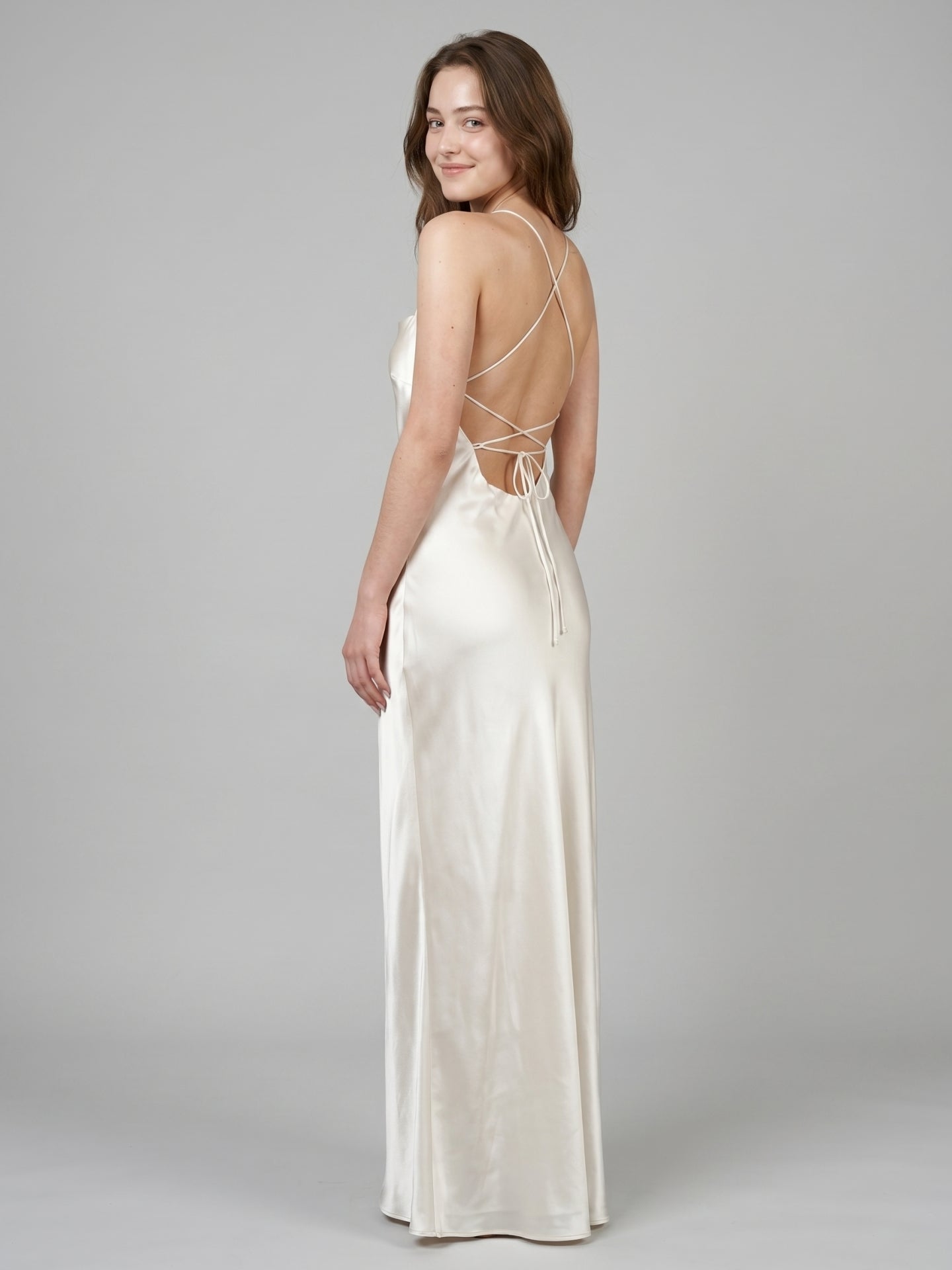 Ivory Satin Sheath Cowl Neck Lace-up Floor-Length Bridesmaid Dress