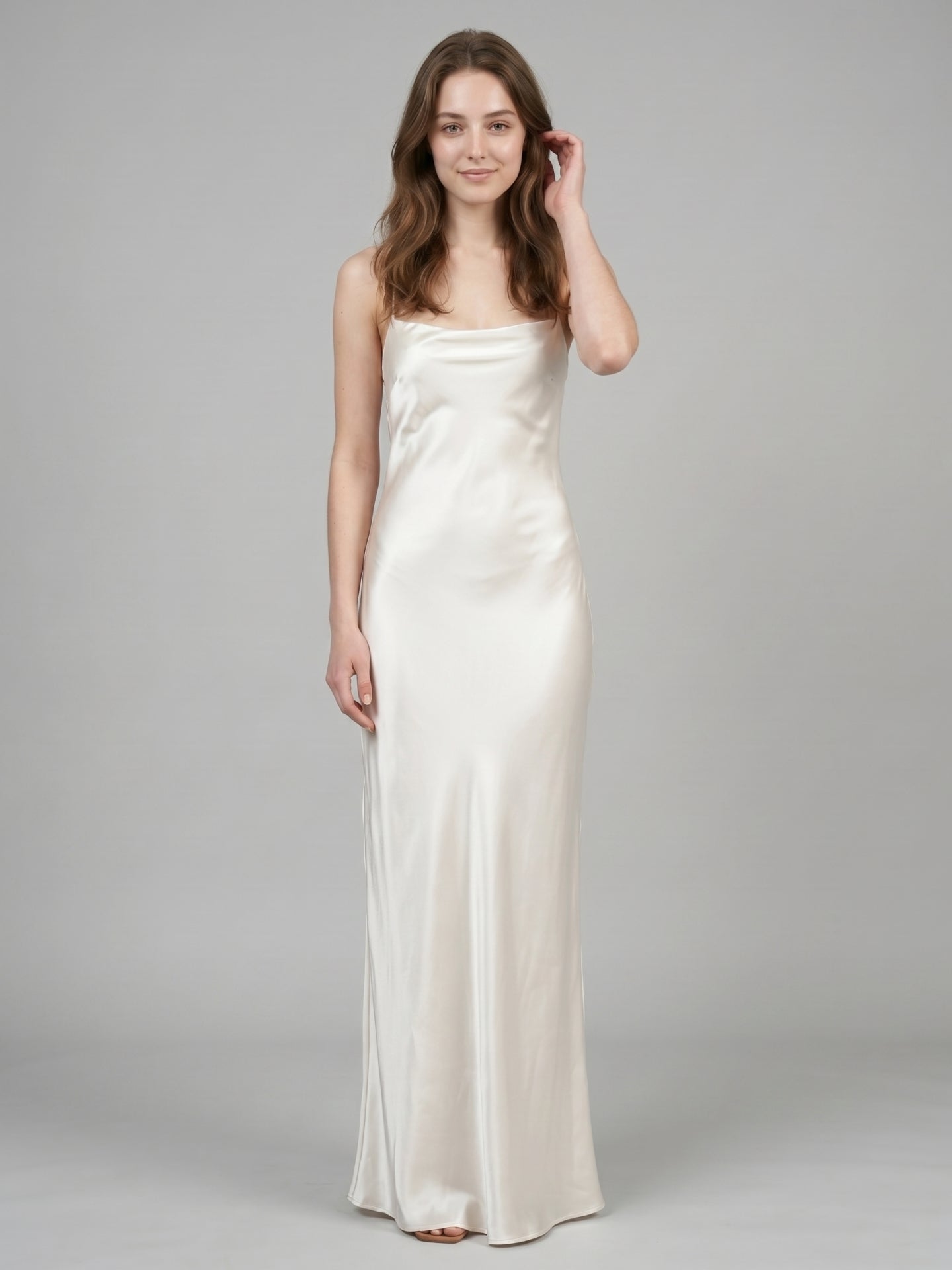 Ivory Satin Sheath Cowl Neck Lace-up Floor-Length Bridesmaid Dress