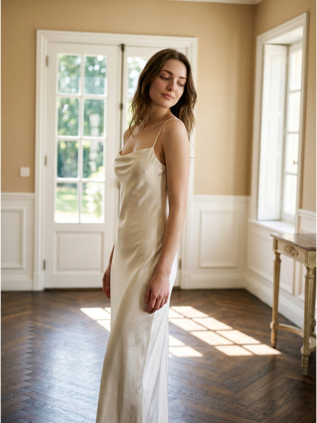 Ivory Satin Sheath Cowl Neck Lace-up Floor-Length Bridesmaid Dress
