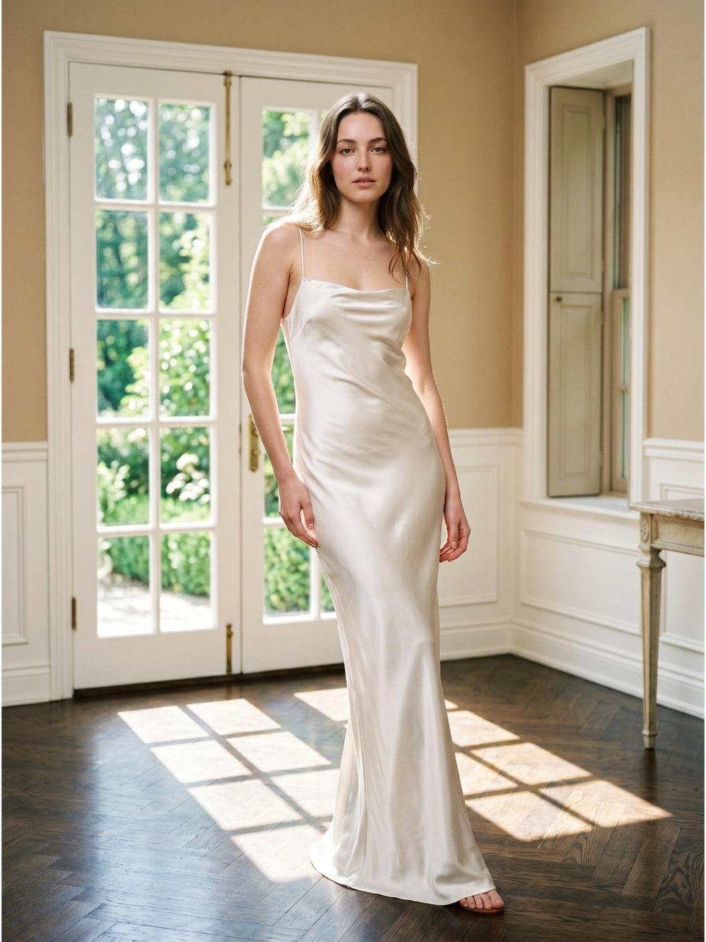Ivory Satin Sheath Cowl Neck Lace-up Floor-Length Bridesmaid Dress