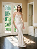 Ivory Satin Sheath Cowl Neck Lace-up Floor-Length Bridesmaid Dress