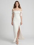 Ivory Satin Sheath Off-the-Shoulder Backless Floor-Length Bridesmaid Dress with Bow