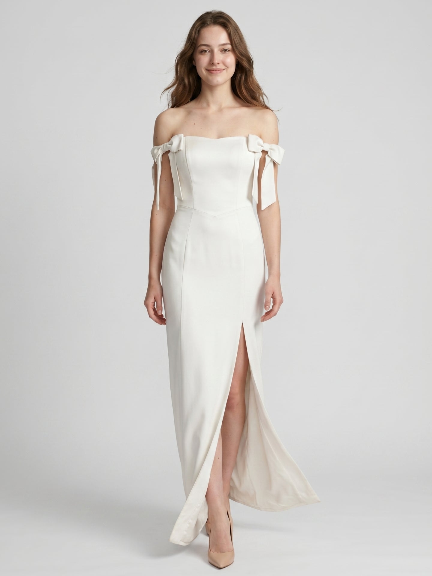 Ivory Satin Sheath Off-the-Shoulder Backless Floor-Length Bridesmaid Dress with Bow