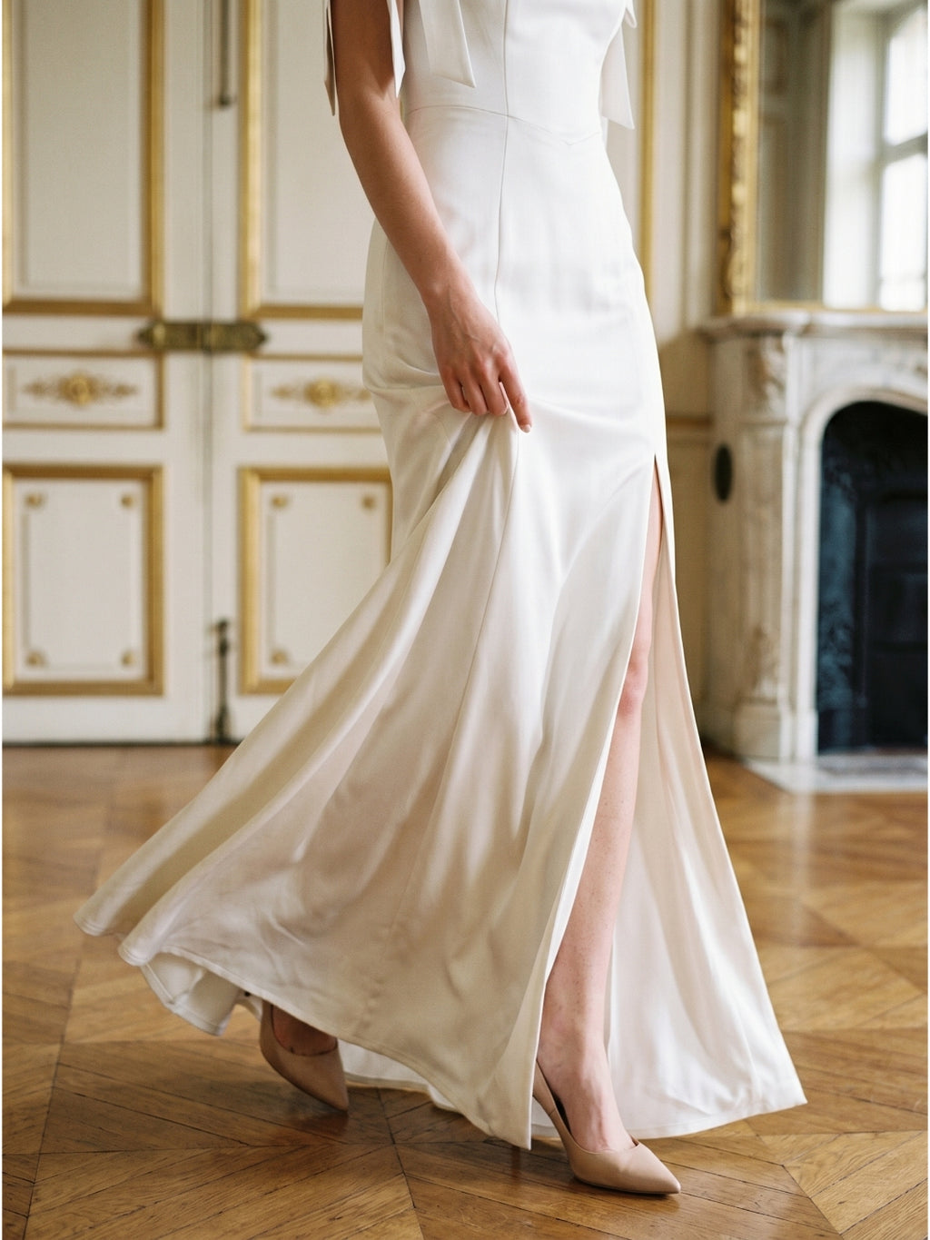 Ivory Satin Sheath Off-the-Shoulder Backless Floor-Length Bridesmaid Dress with Bow
