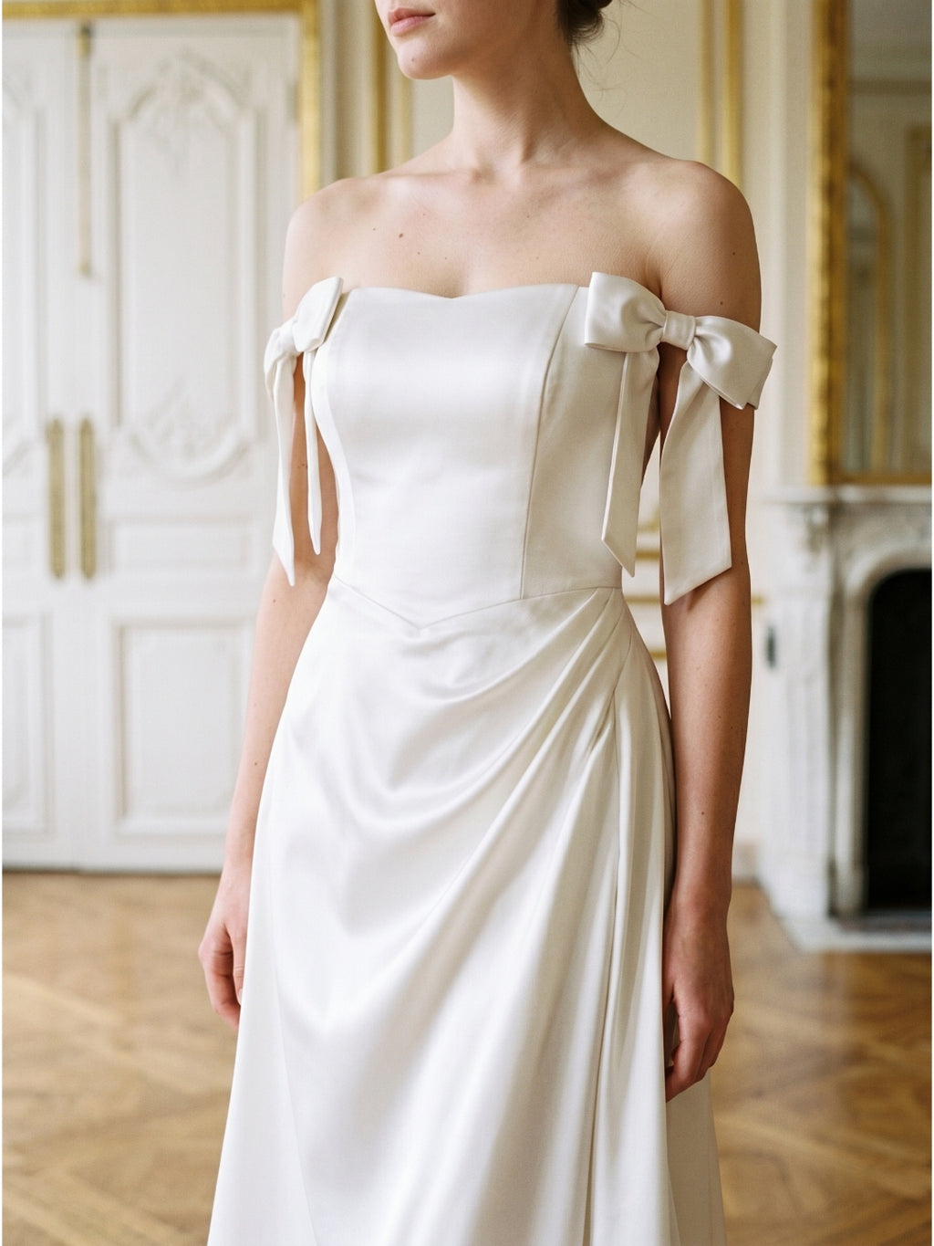 Ivory Satin Sheath Off-the-Shoulder Backless Floor-Length Bridesmaid Dress with Bow
