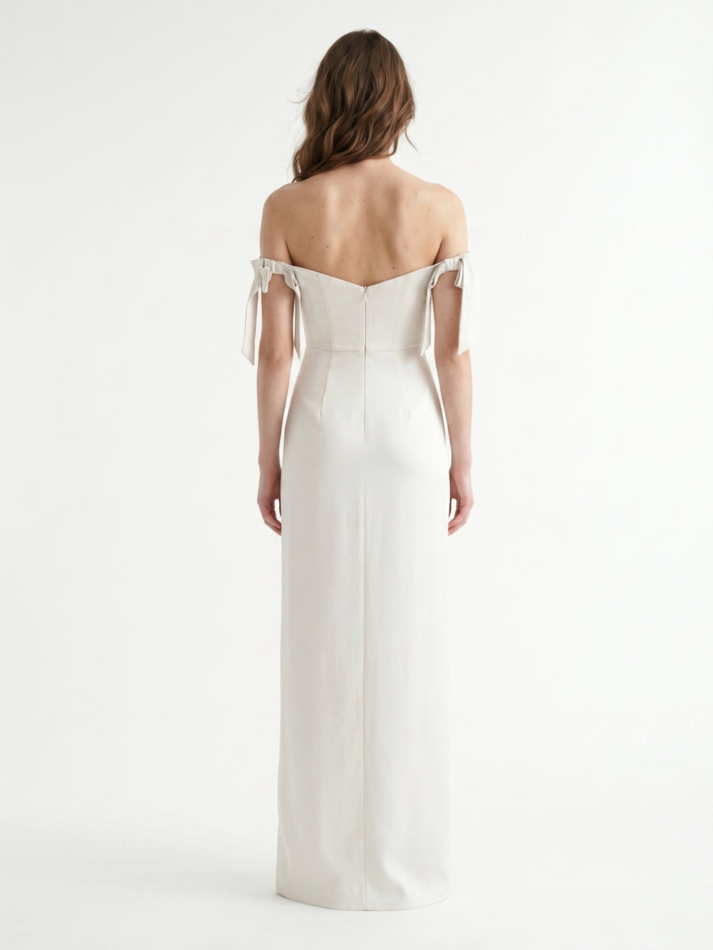 Ivory Satin Sheath Off-the-Shoulder Backless Floor-Length Bridesmaid Dress with Bow