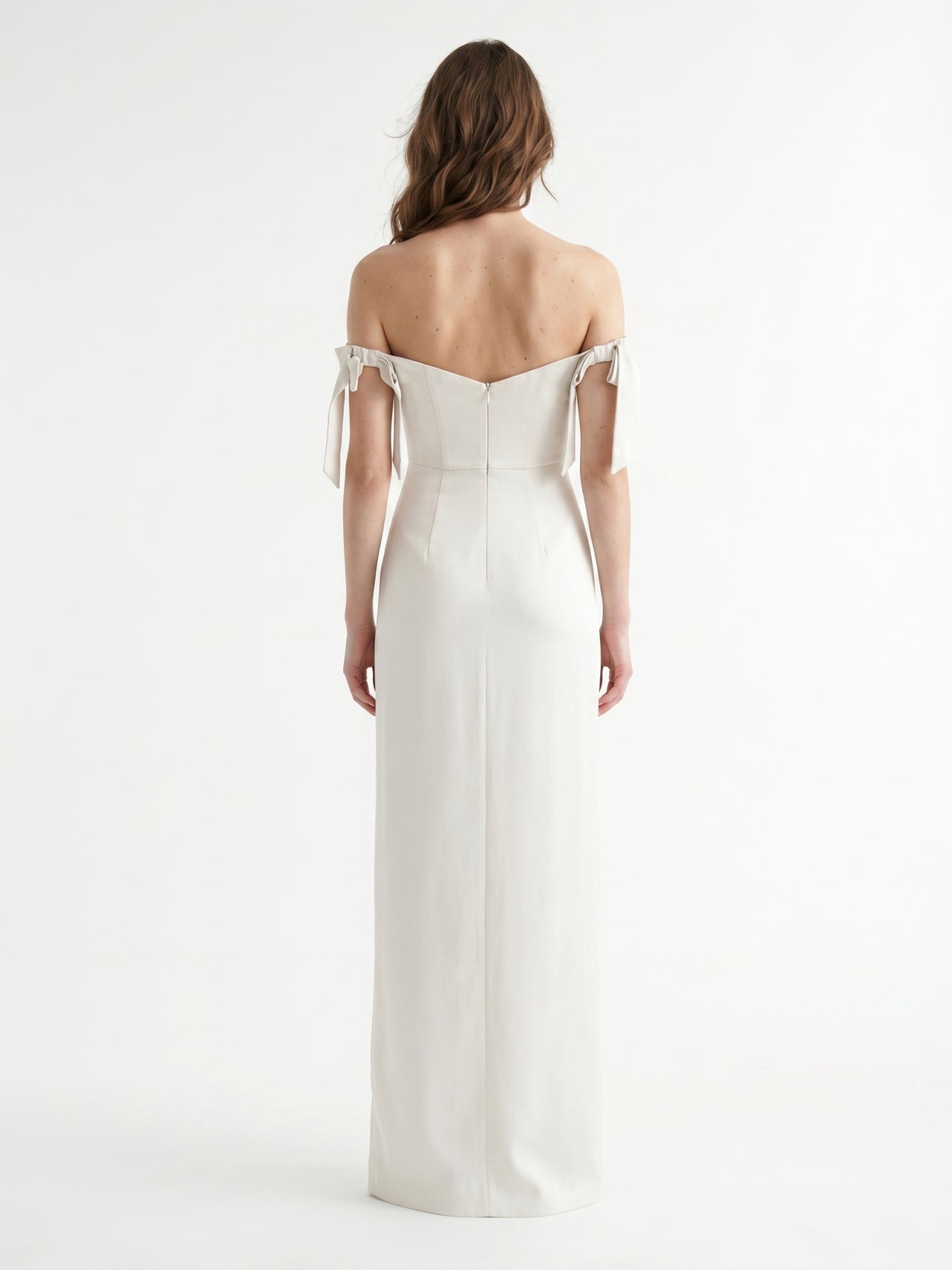 Ivory Satin Sheath Off-the-Shoulder Backless Floor-Length Bridesmaid Dress with Bow