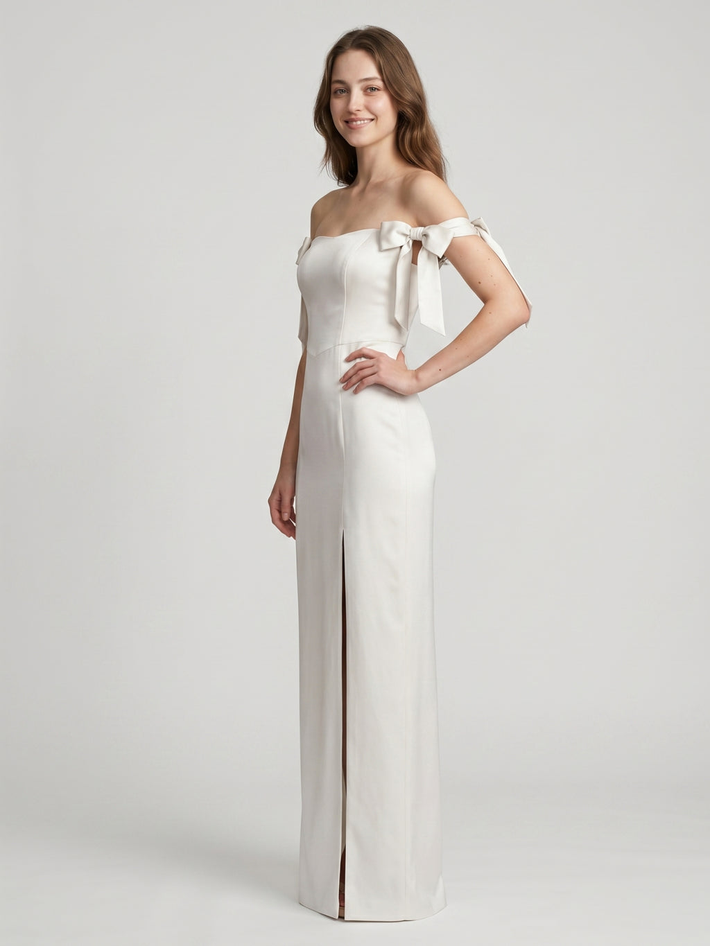 Ivory Satin Sheath Off-the-Shoulder Backless Floor-Length Bridesmaid Dress with Bow