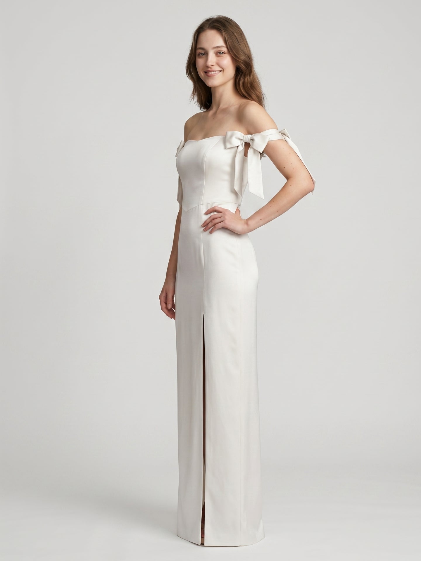 Ivory Satin Sheath Off-the-Shoulder Backless Floor-Length Bridesmaid Dress with Bow