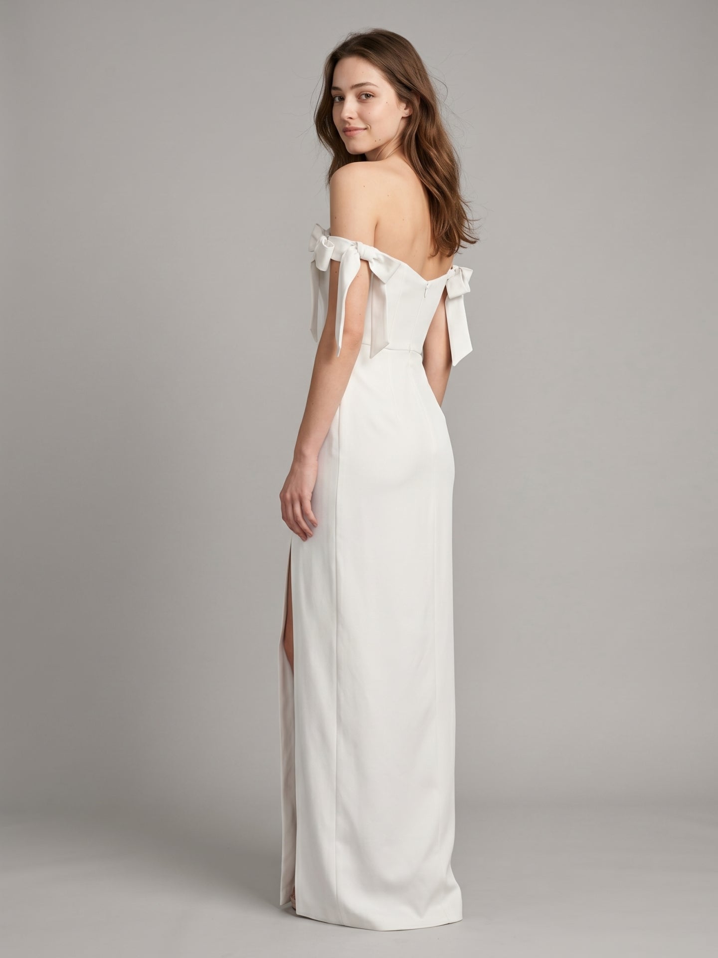Ivory Satin Sheath Off-the-Shoulder Backless Floor-Length Bridesmaid Dress with Bow