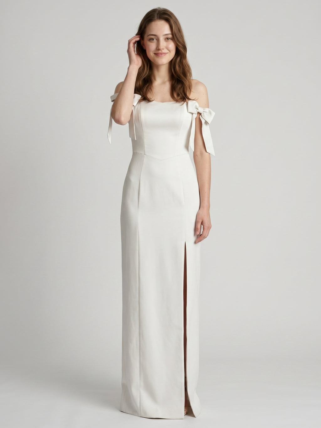 Ivory Satin Sheath Off-the-Shoulder Backless Floor-Length Bridesmaid Dress with Bow