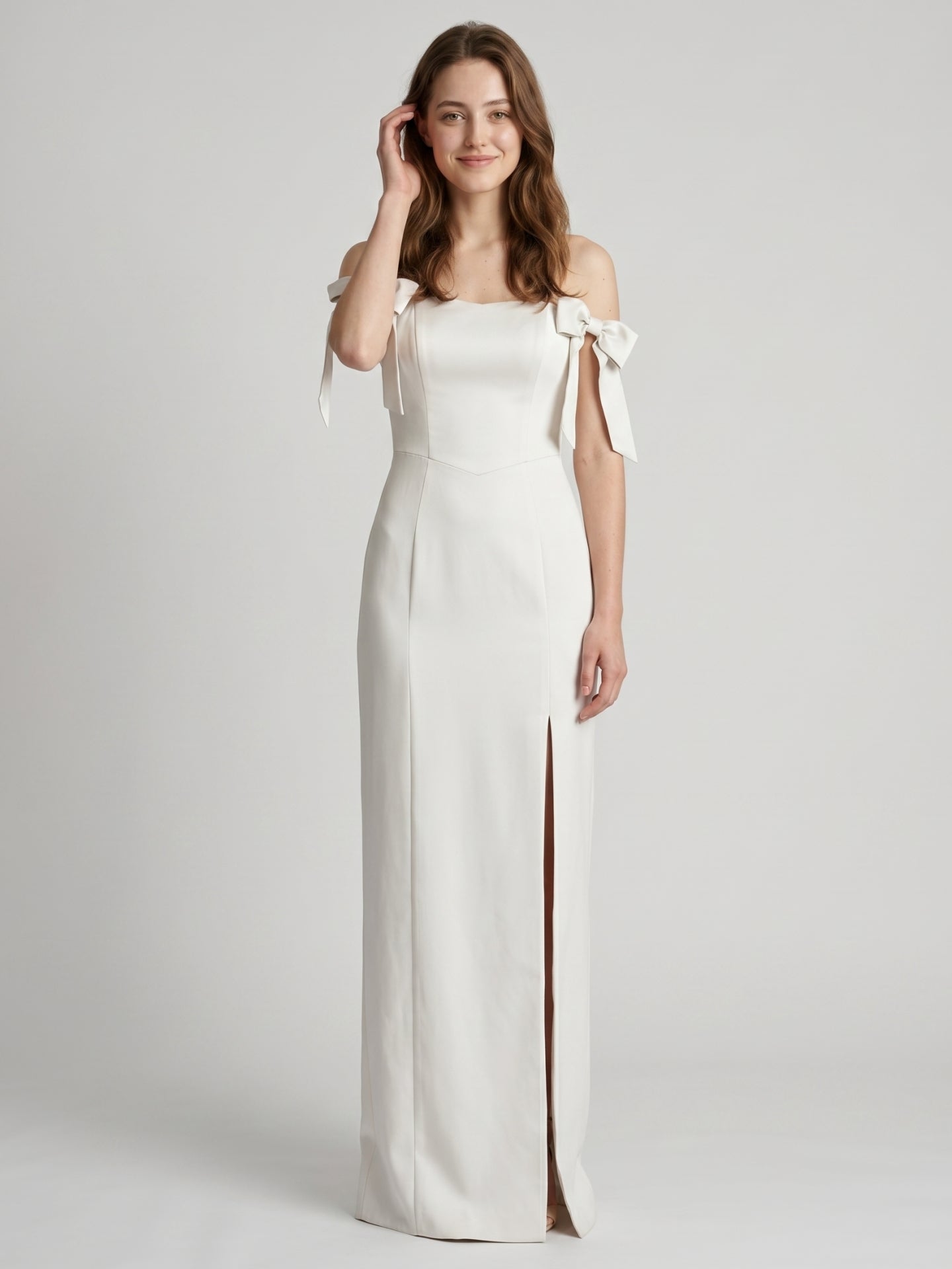 Ivory Satin Sheath Off-the-Shoulder Backless Floor-Length Bridesmaid Dress with Bow