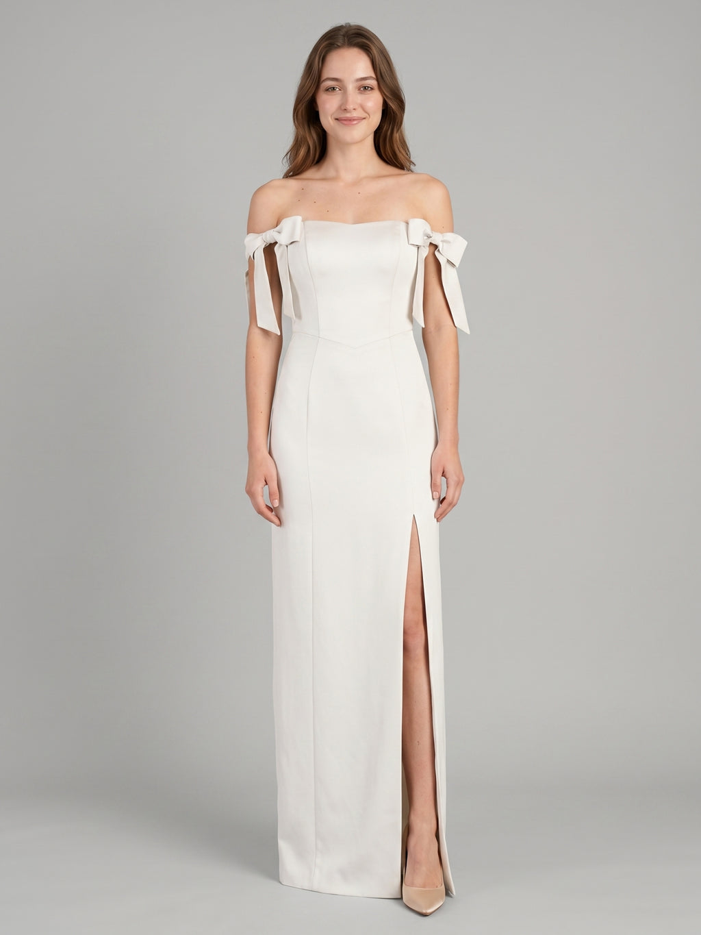 Ivory Satin Sheath Off-the-Shoulder Backless Floor-Length Bridesmaid Dress with Bow