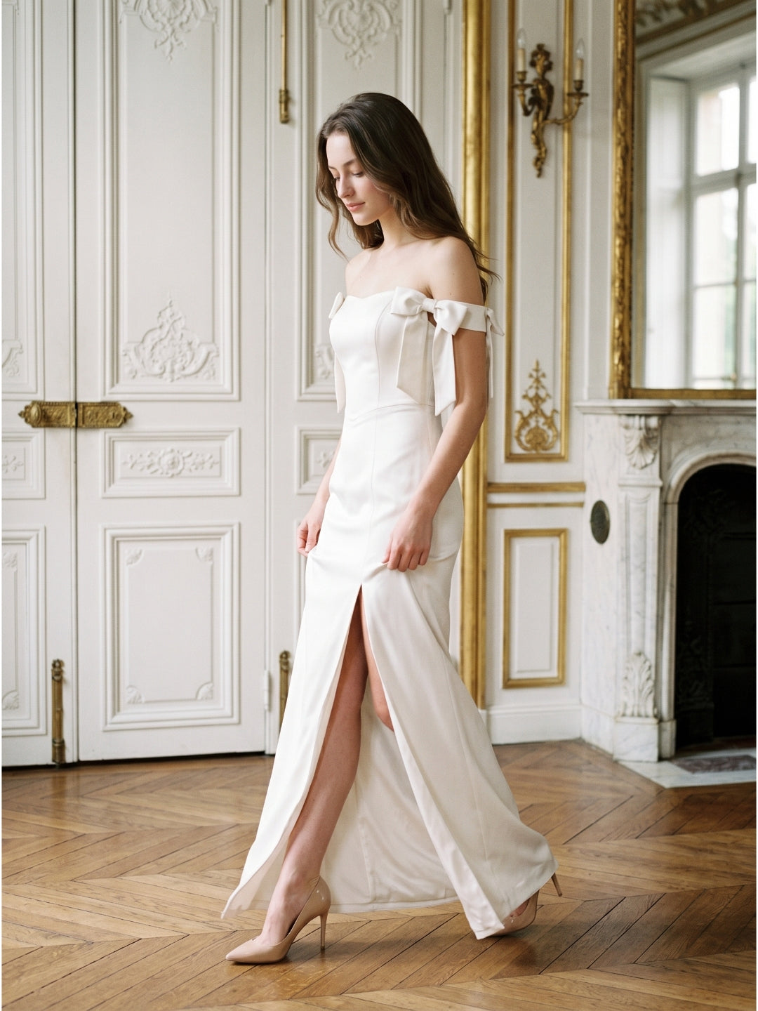 Ivory Satin Sheath Off-the-Shoulder Backless Floor-Length Bridesmaid Dress with Bow
