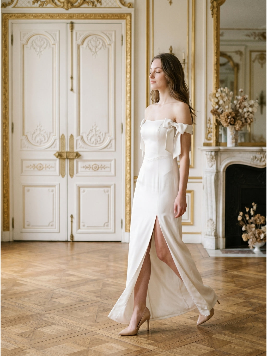 Ivory Satin Sheath Off-the-Shoulder Backless Floor-Length Bridesmaid Dress with Bow