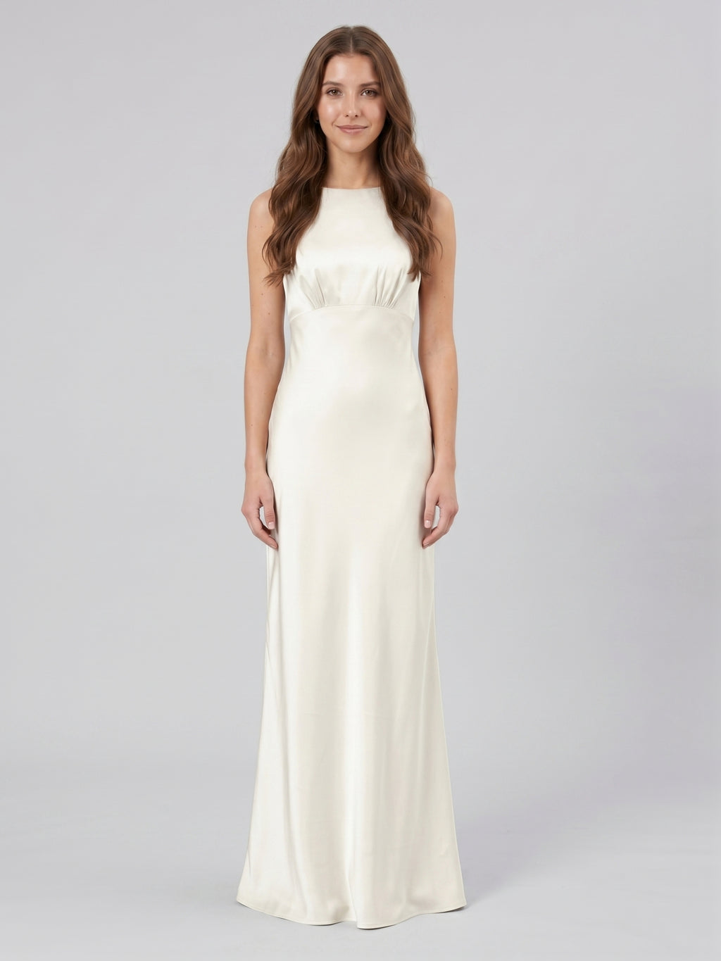 Ivory Satin Sheath Scoop Neck Back Zip Floor-Length Bridesmaid Dress