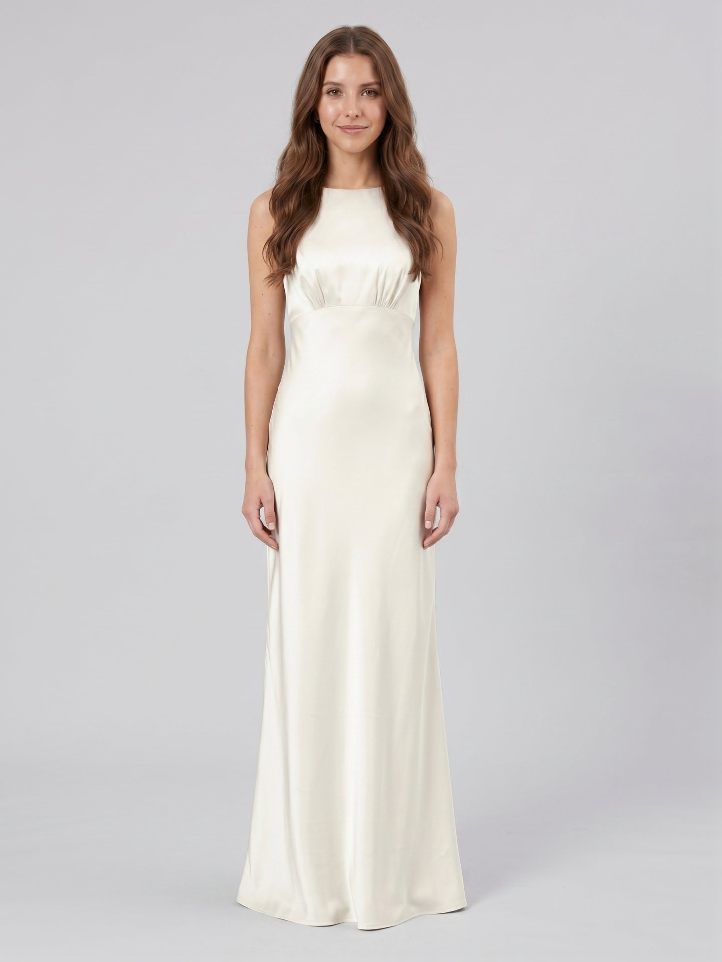 Ivory Satin Sheath Scoop Neck Back Zip Floor-Length Bridesmaid Dress