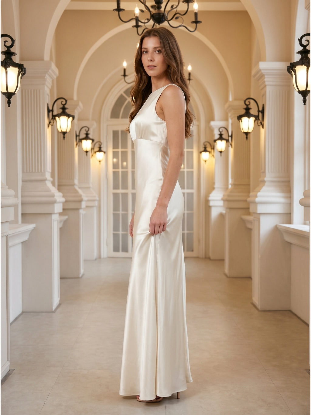 Ivory Satin Sheath Scoop Neck Back Zip Floor-Length Bridesmaid Dress
