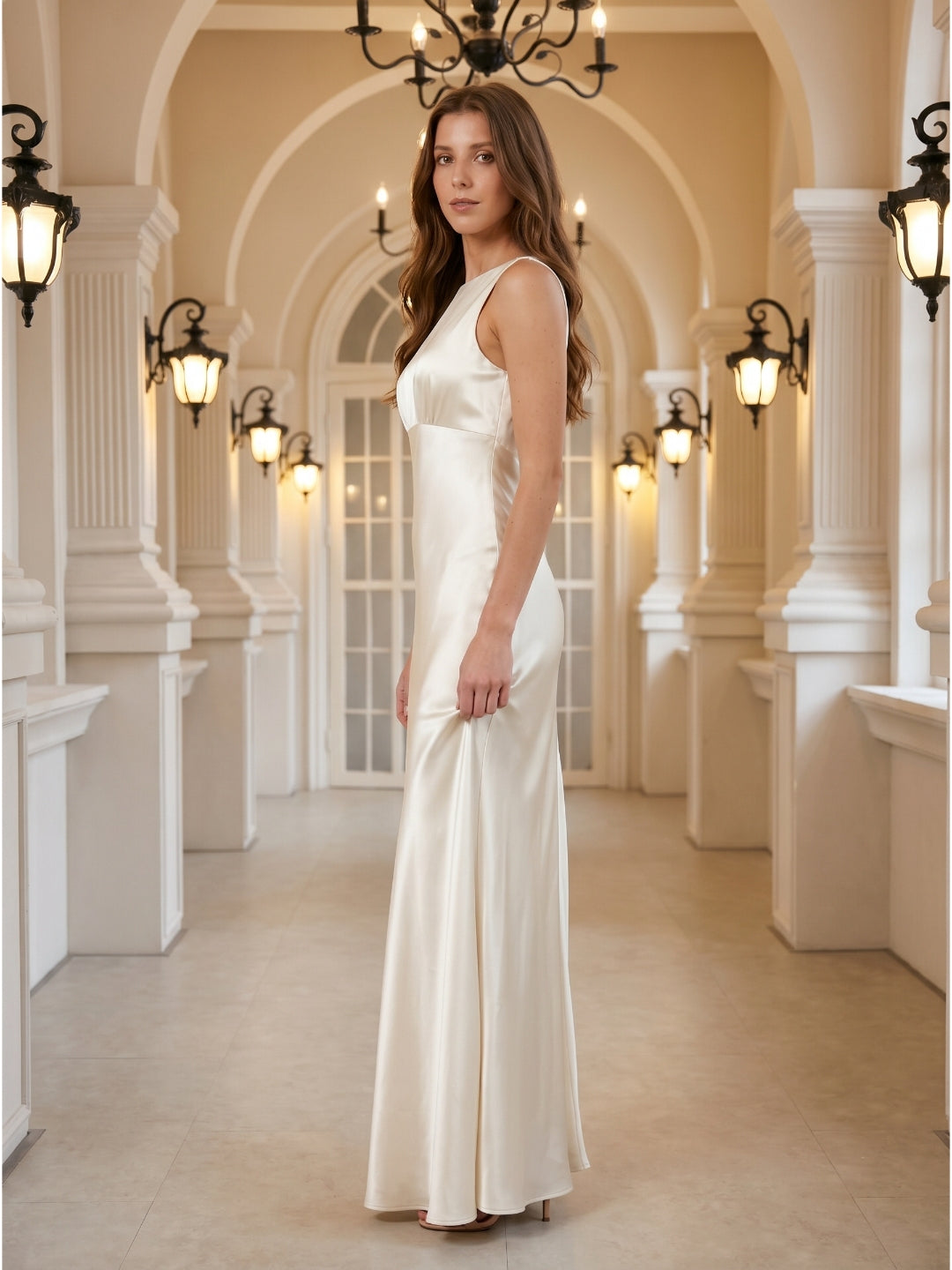 Ivory Satin Sheath Scoop Neck Back Zip Floor-Length Bridesmaid Dress